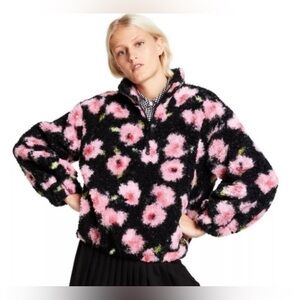Sandy liang  Floral Sherpa Jacket - Black with Pink Flowers